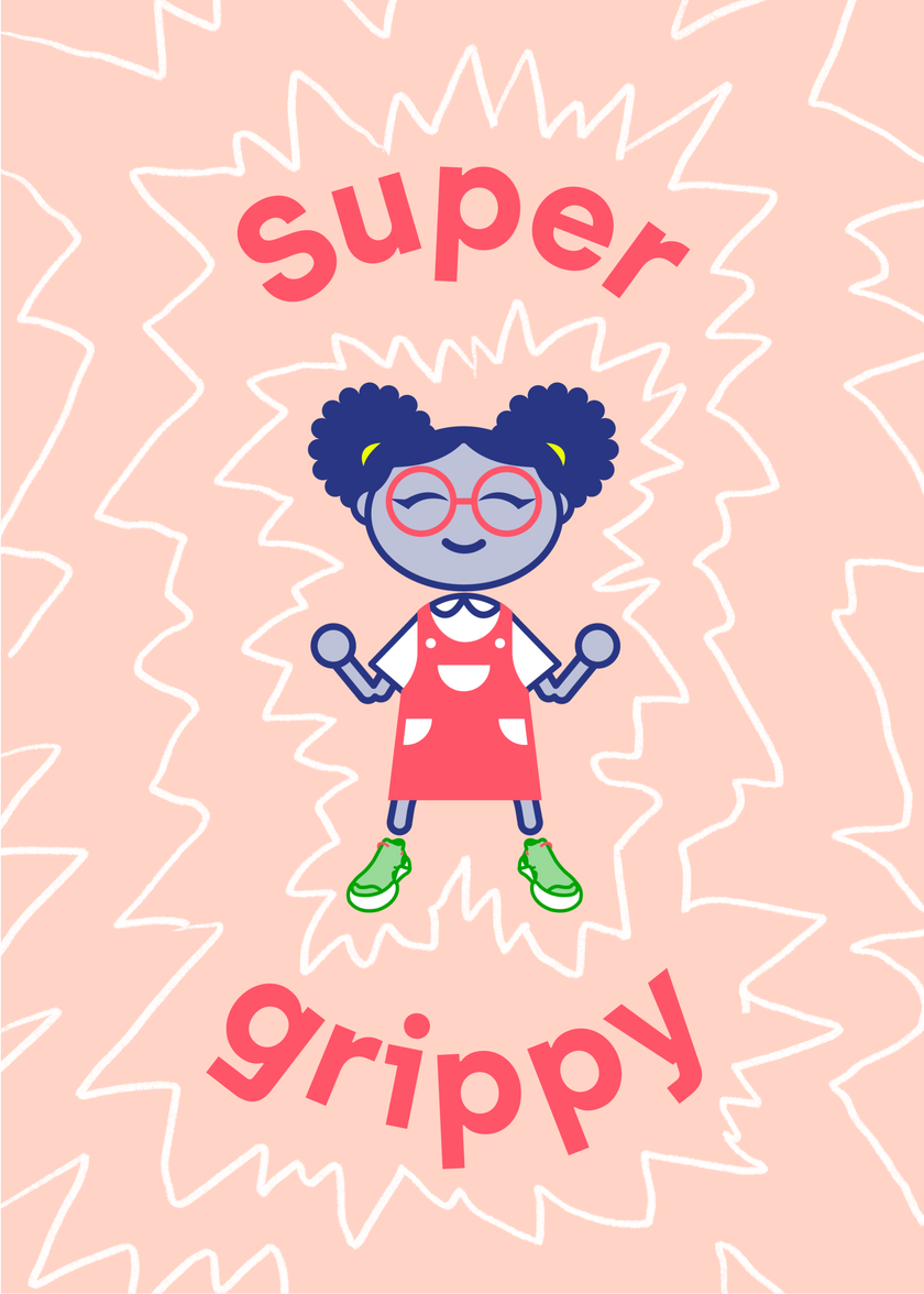 A poster describing how good the grip is on The Loop Lite, our sustainable kids sneaker, with Dubs character, Faisa 