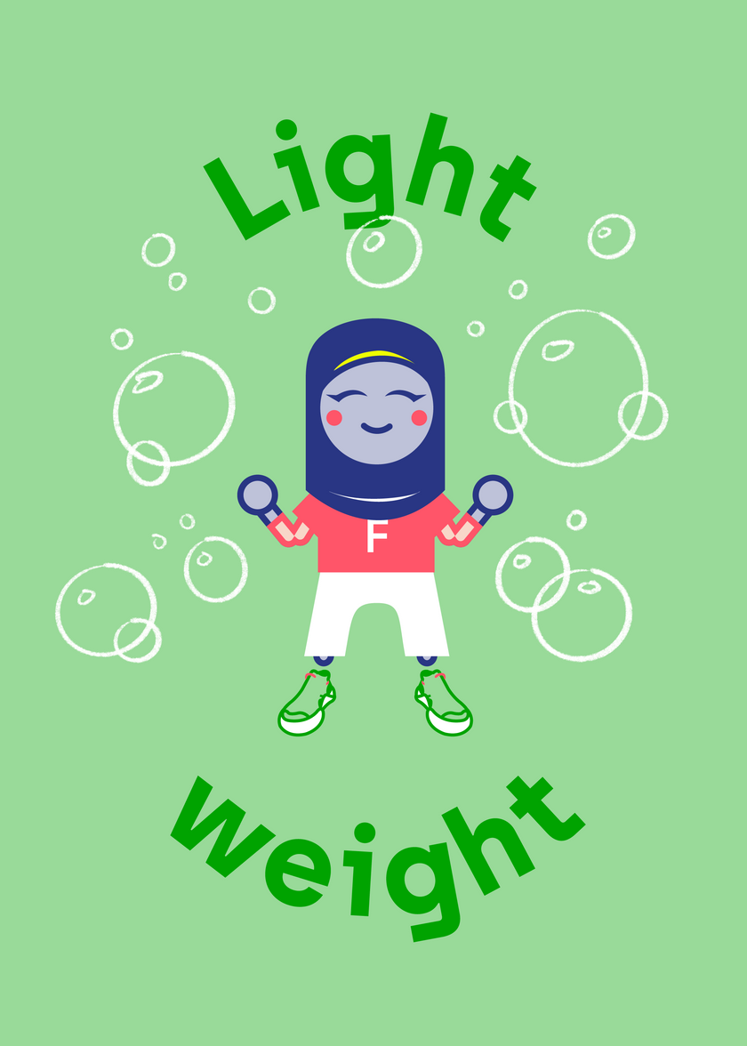 A poster describing how lightweight The Loop Lite, our sustainable kids sneaker, with Dubs character, Faisa