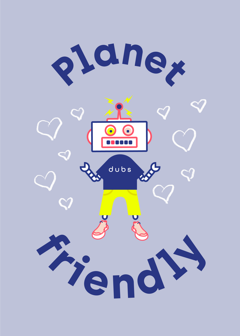 A poster describing how sustainable The Loop Lite, our sustainable kids sneaker, with Dubs character Buddy the Robot