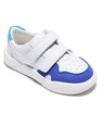 Blue and white Dubs glide wide-fit quality durable leather kids trainer, quarter view