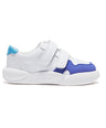 Blue and white Dubs glide wide-fit quality durable leather kids trainer, side view
