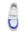 Blue and white Dubs glide wide-fit quality durable leather kids trainer, top view