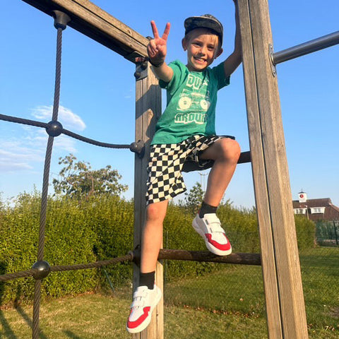 Red and White Dubs glide wide-fit quality durable leather kids trainer, climbing frame